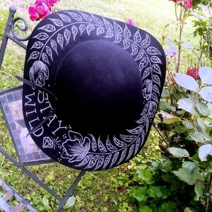 Black Wide-Brim Hat with White Embroidery